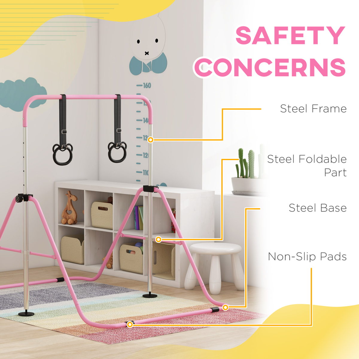 HOMCOM Adjustable Foldable Kids Gymnastics Bar with Non-Slip Mats, Pink