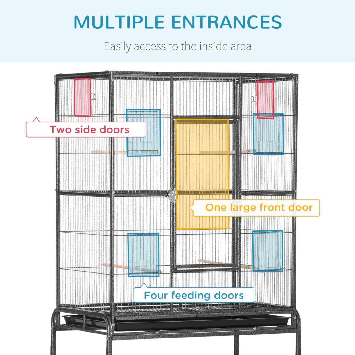 Pawhut Rolling Bird Cage with Detachable Stand, Storage Shelf, Wooden Perches, Food Containers
