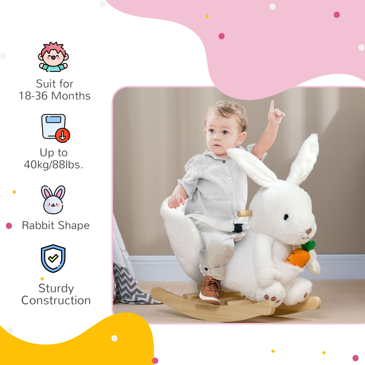 HOMCOM Kids Rabbit Rocking Horse with Sounds and Safety Belt, White