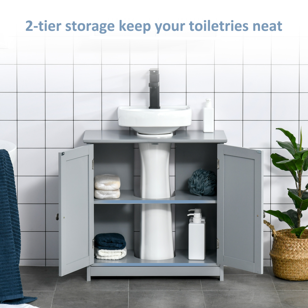 kleankin Under Sink Storage Cabinet 60 x 60cm Adjustable Shelf U-Shaped Pipe Cut-Out Grey