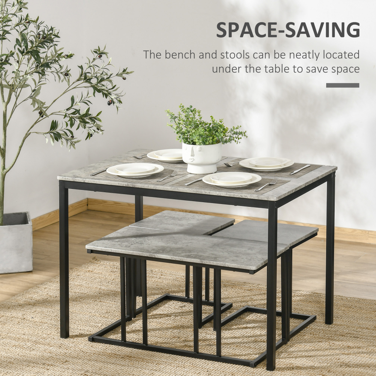 HOMCOM 4-Piece Dining Table Set for 4 People with 2 Stools and Bench, Concrete Effect Grey