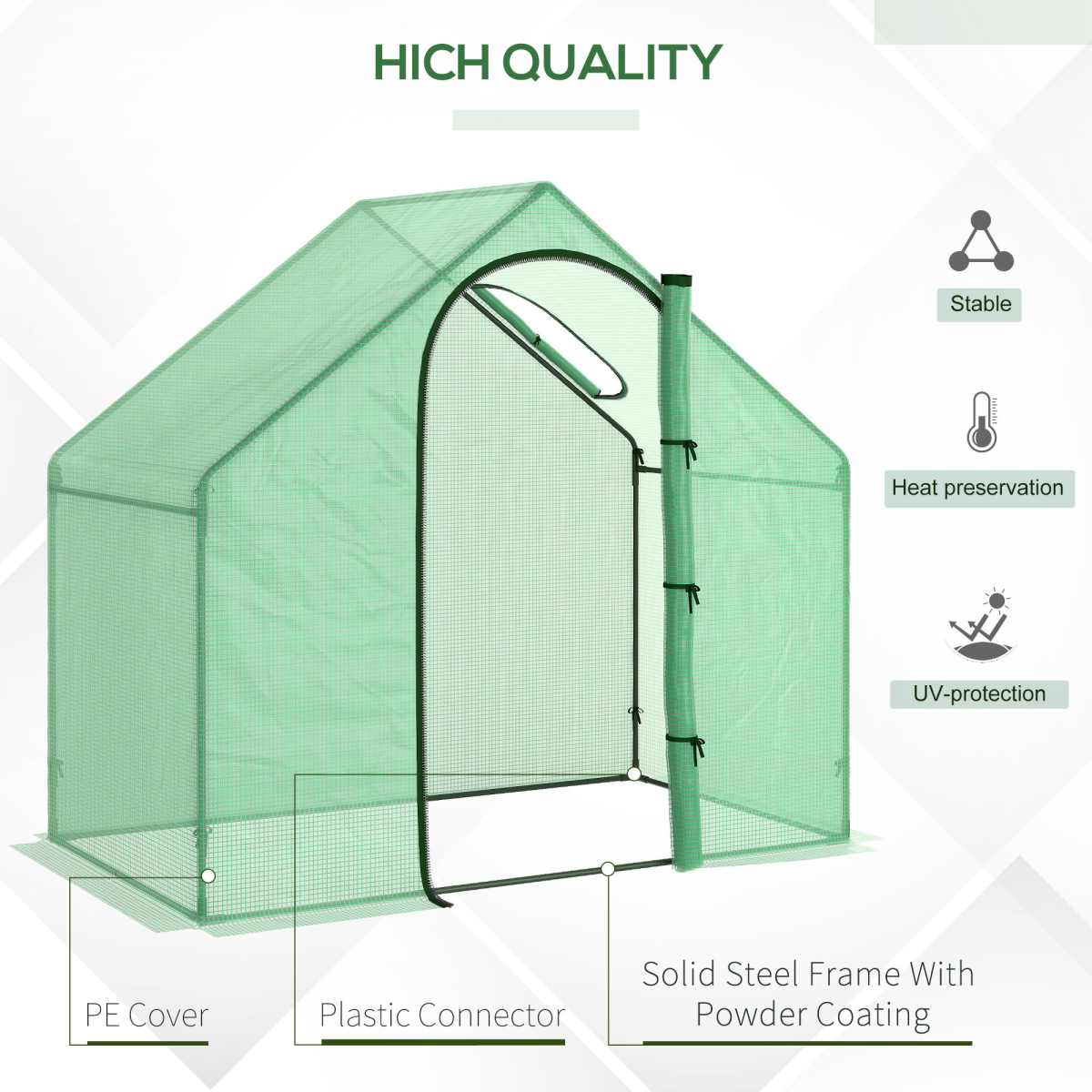 Walk-In Portable Greenhouse with Steel Frame, Plastic Cover, Door, and Window, Green