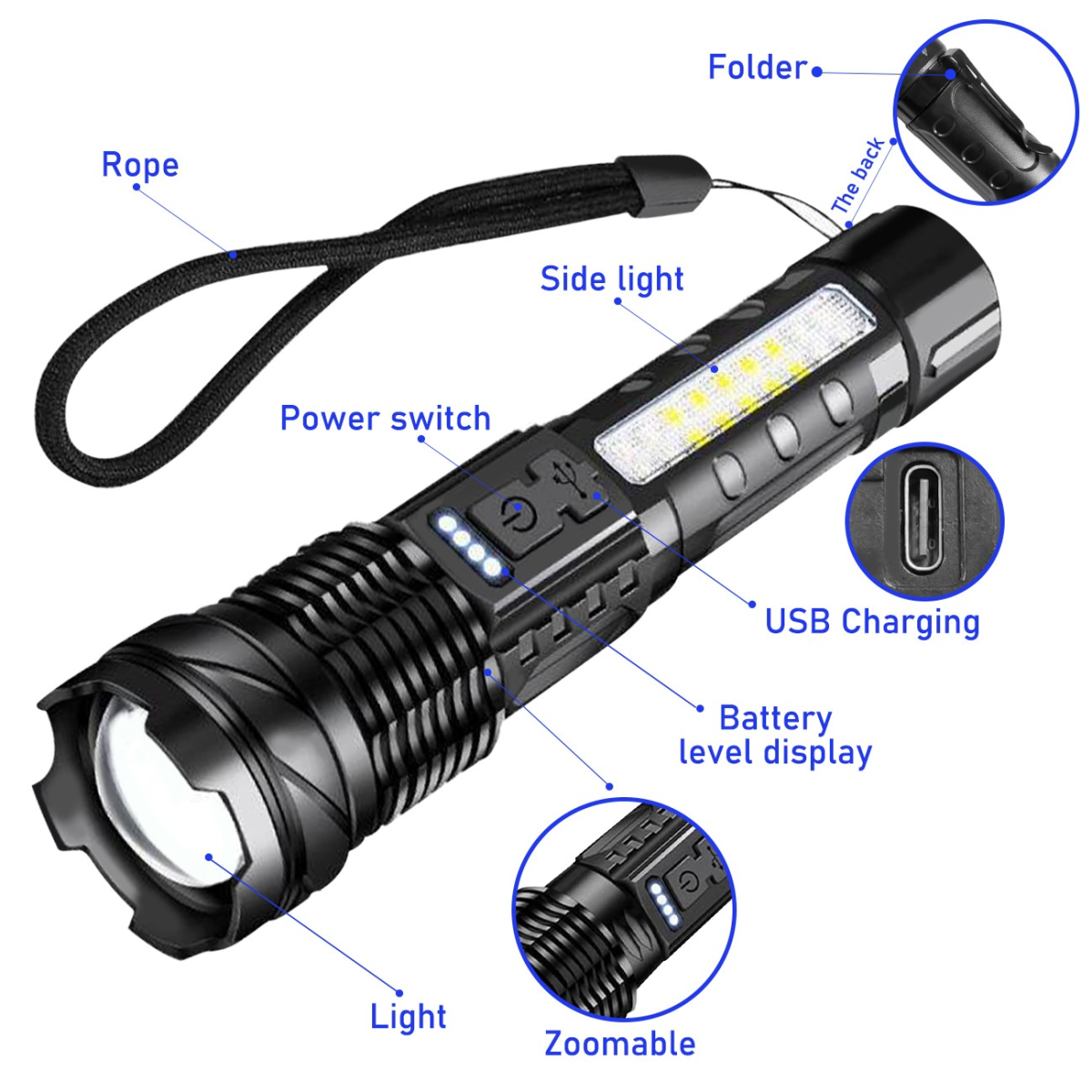 （2Pack）USB Rechargeable LED Flashlight Adjustable Focus Camping Hiking Outdoor Flashlight Work light