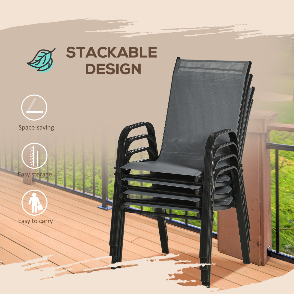 Set of 4 Stackable Outdoor Garden Dining Chairs, High Back Grey