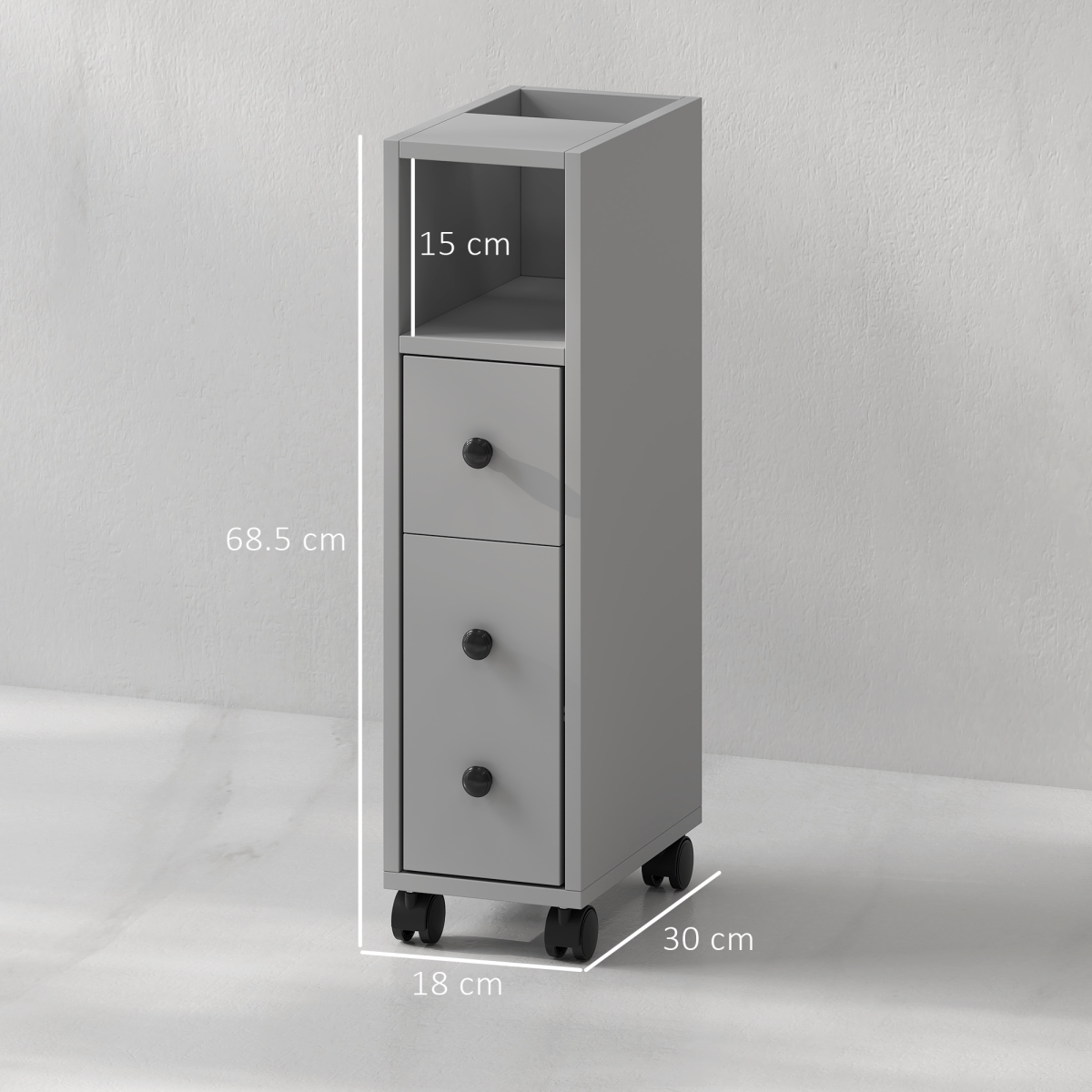 kleankin Slim Grey Bathroom Storage Cabinet with Wheels and Open Compartments