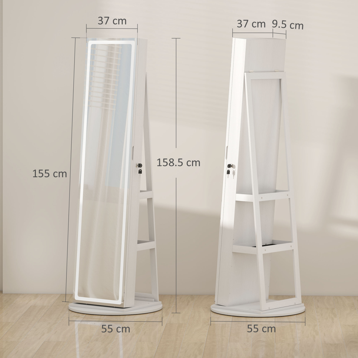 HOMCOM 360° Swivel Jewellery Cabinet Mirror with Storage, White
