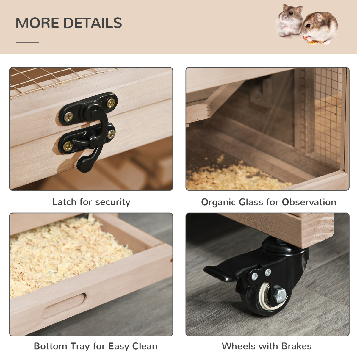 Pawhut 3-Tier Wooden Hamster Cage, Small Animal Hutch with Two Huts, Two Ladders, Mesh Roof, Pull-Out Tray, Wheels, Natural Wood