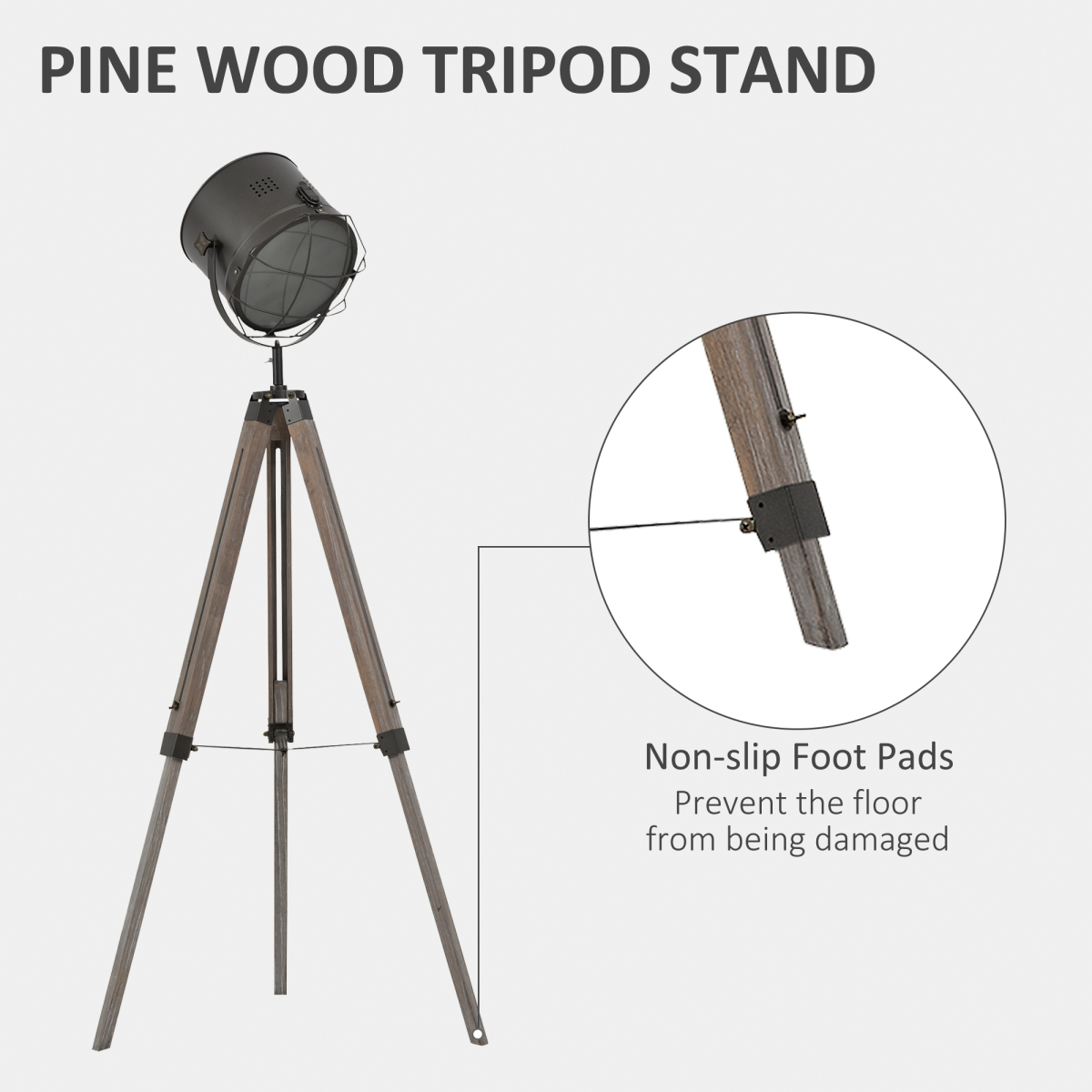 HOMCOM Pine Wood Tripod Spotlight Floor Lamp, Height Adjustable, Brown/Black