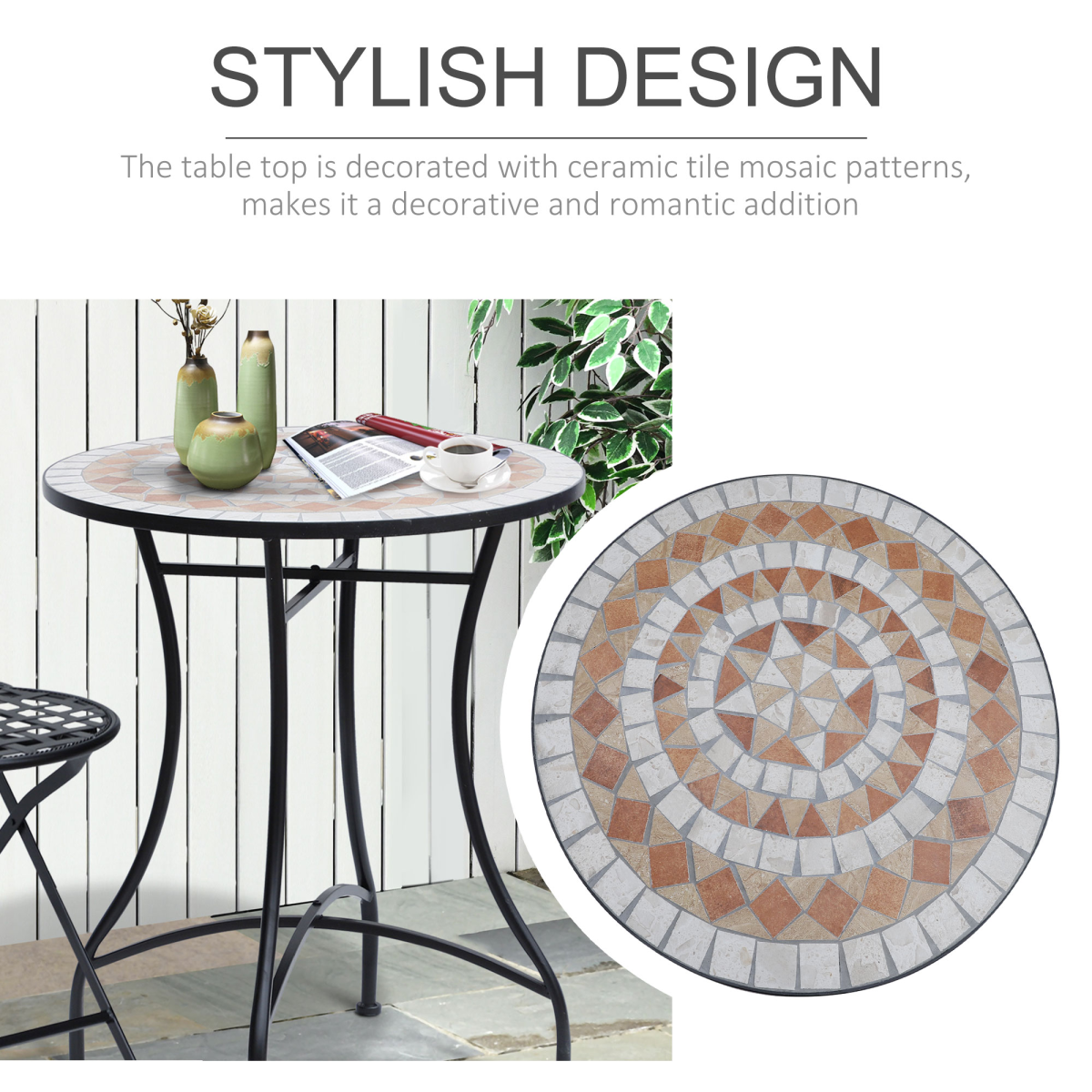 Outsunny Mosaic Patio Table 60x71H cm, Steel Frame, Ceramic Top