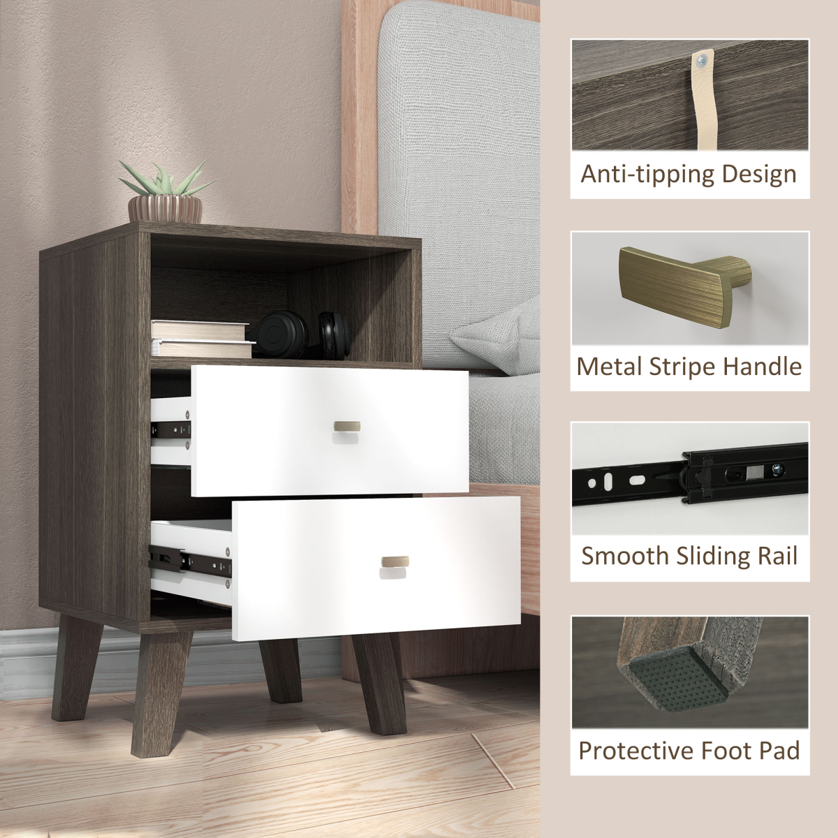PawHut Set of 2 Bedside Tables, Nightstands with 2 Drawers & Open Cubby