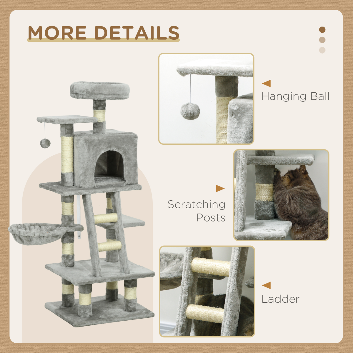 PawHut 132cm Cat Tree with House, Hammock & Scratch Posts Grey