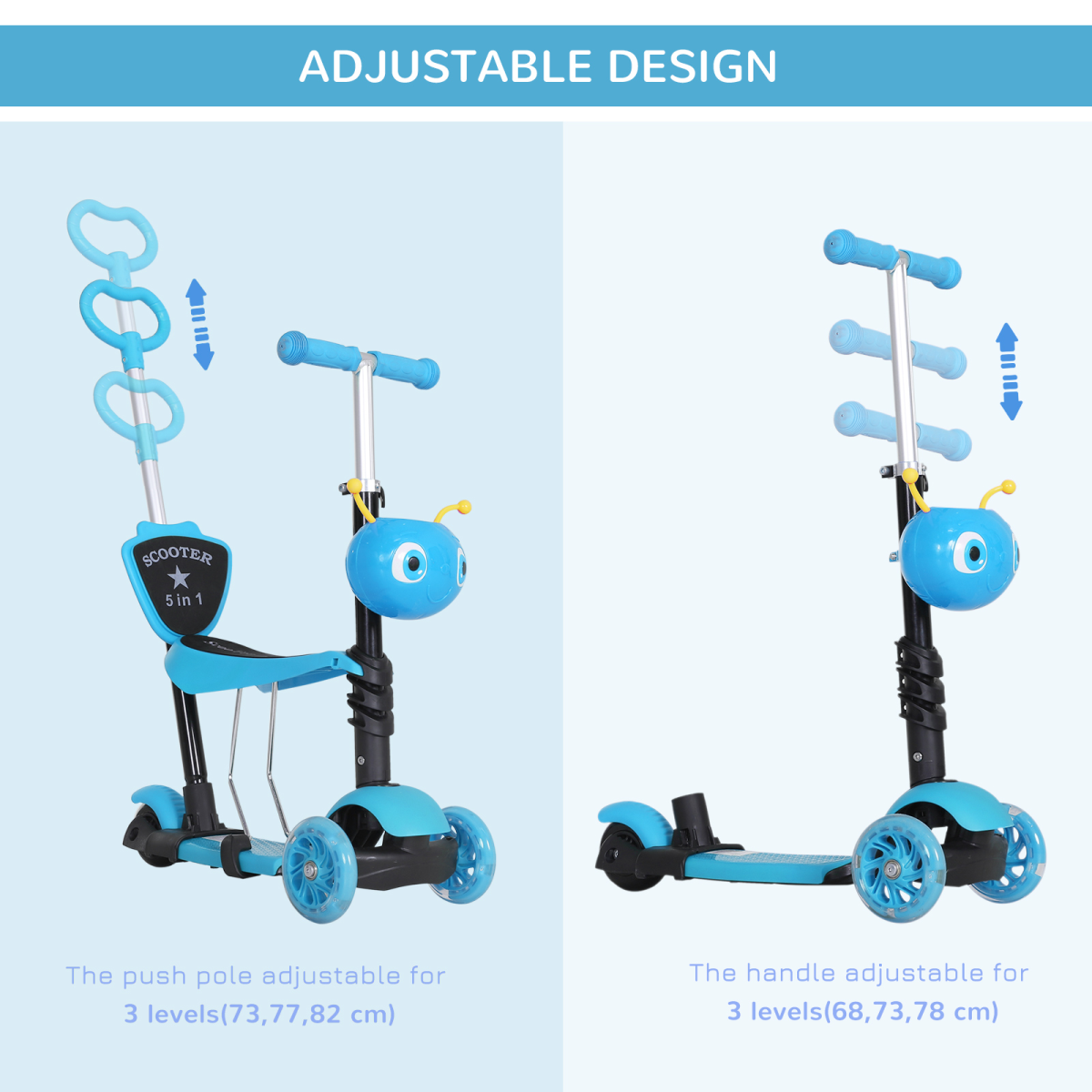 HOMCOM 5-in-1 Kids 3-Wheel Kick Scooter with Removable Seat, Adjustable
