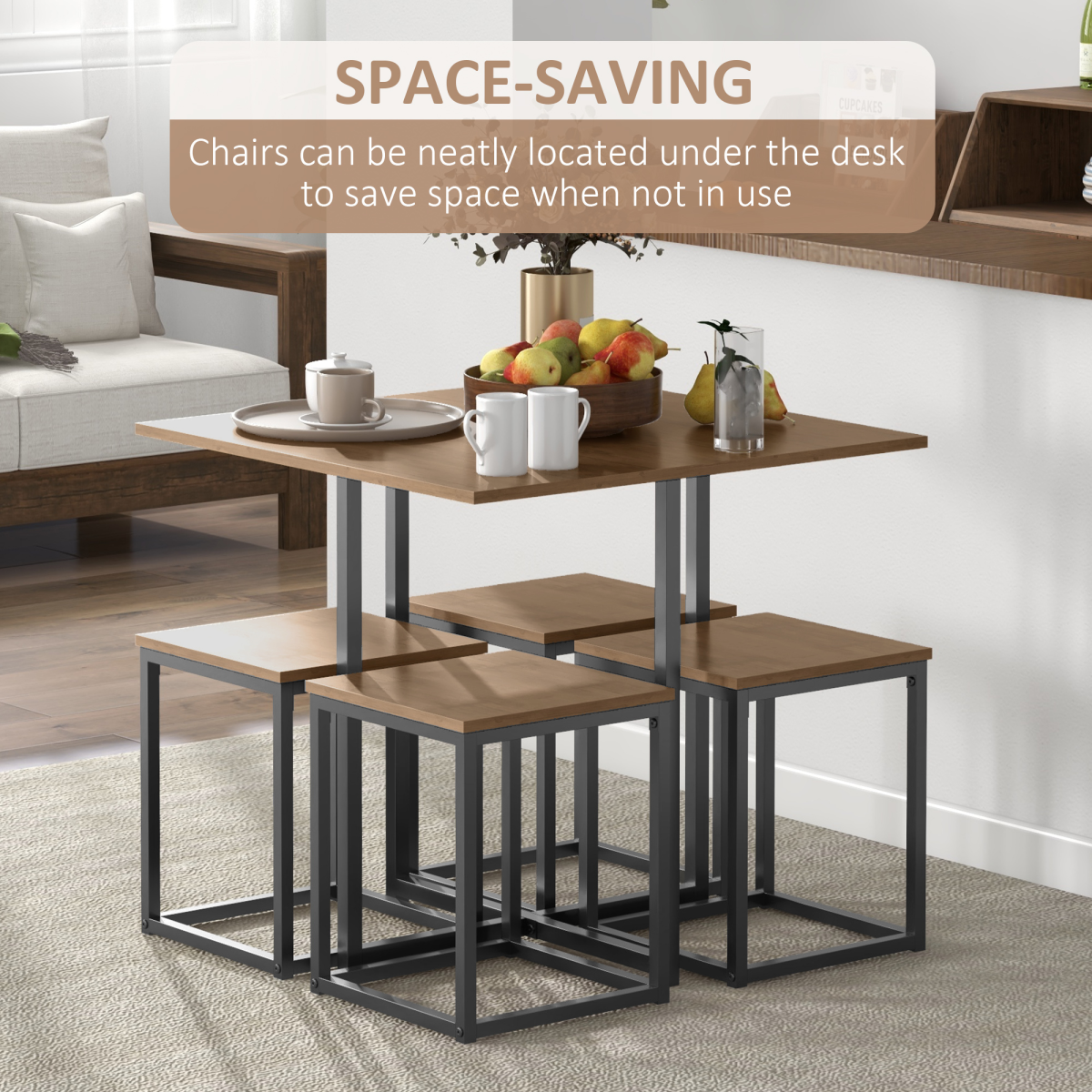 HOMCOM 5-Piece Dining Set with Table and 4 Stools, Steel Frame, Black/Brown