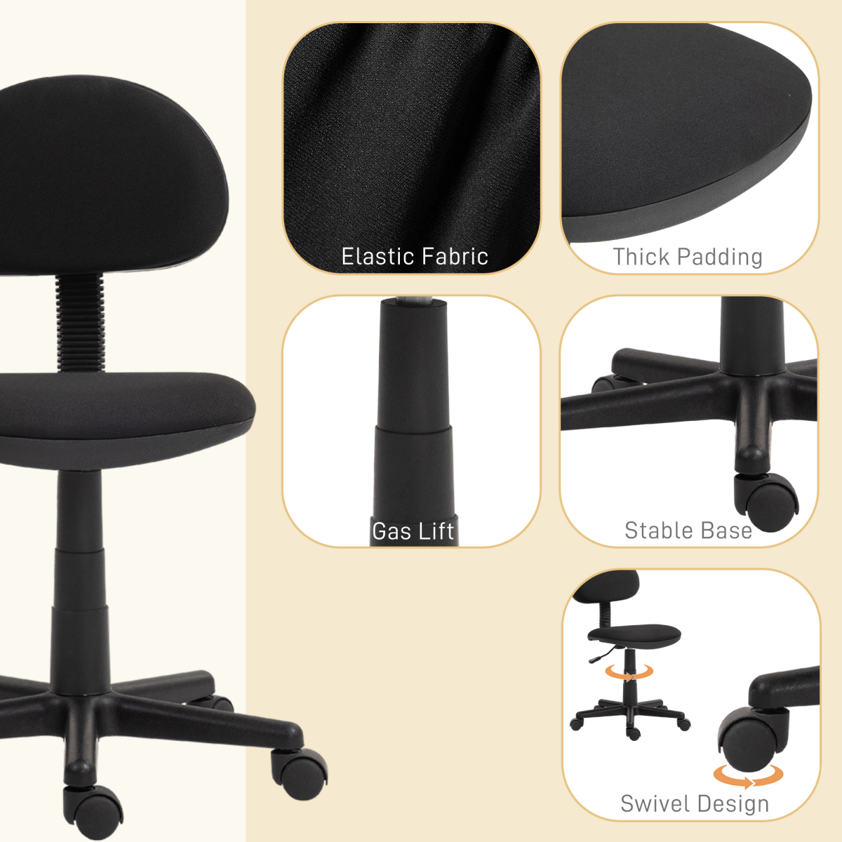 HOMCOM Armless Office Chair, Adjustable Height, Swivel Wheels, Black