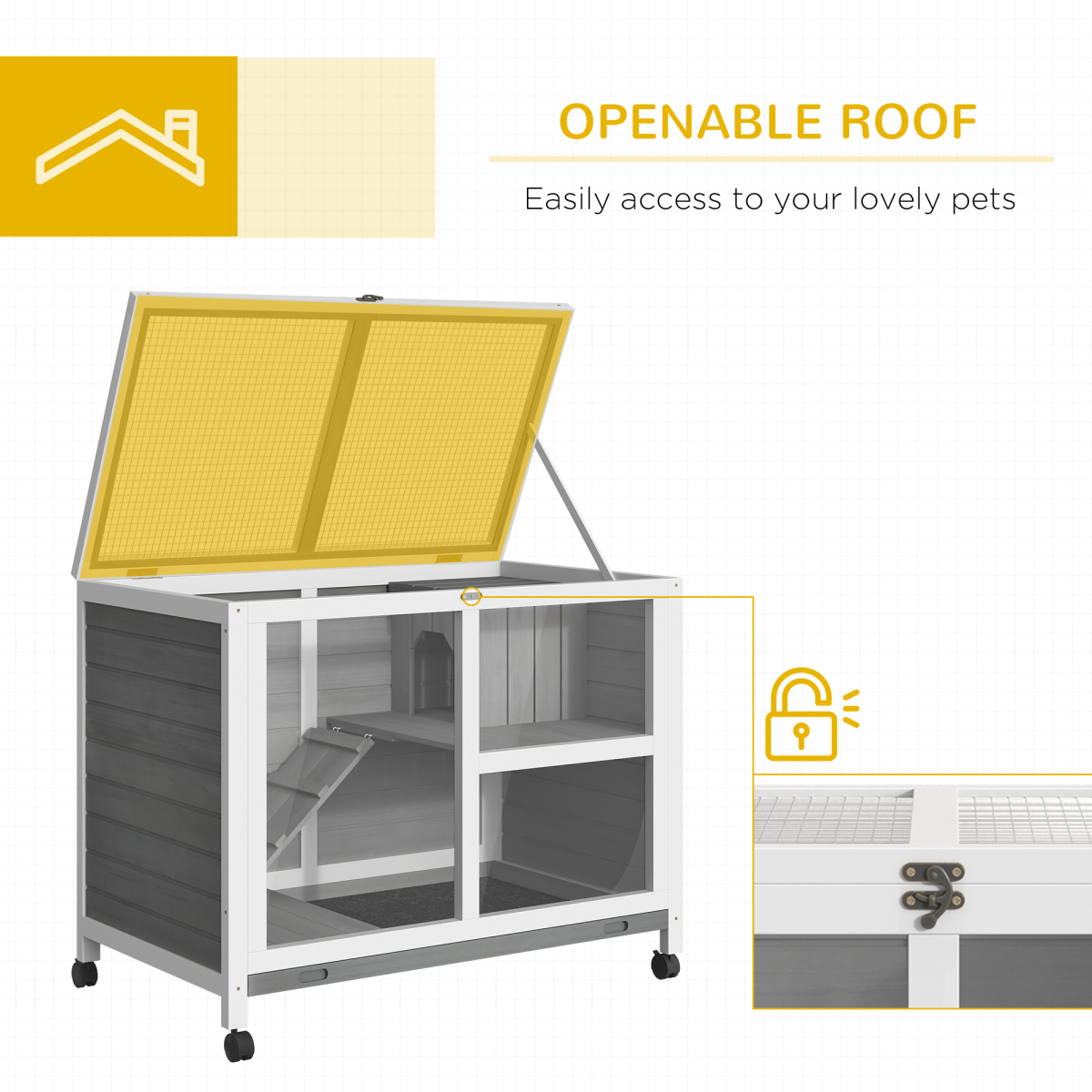 Indoor Wooden Rabbit Hutch, 2-Tier Indoor Bunny Cage with Tray, Ramp and Wheels, Grey