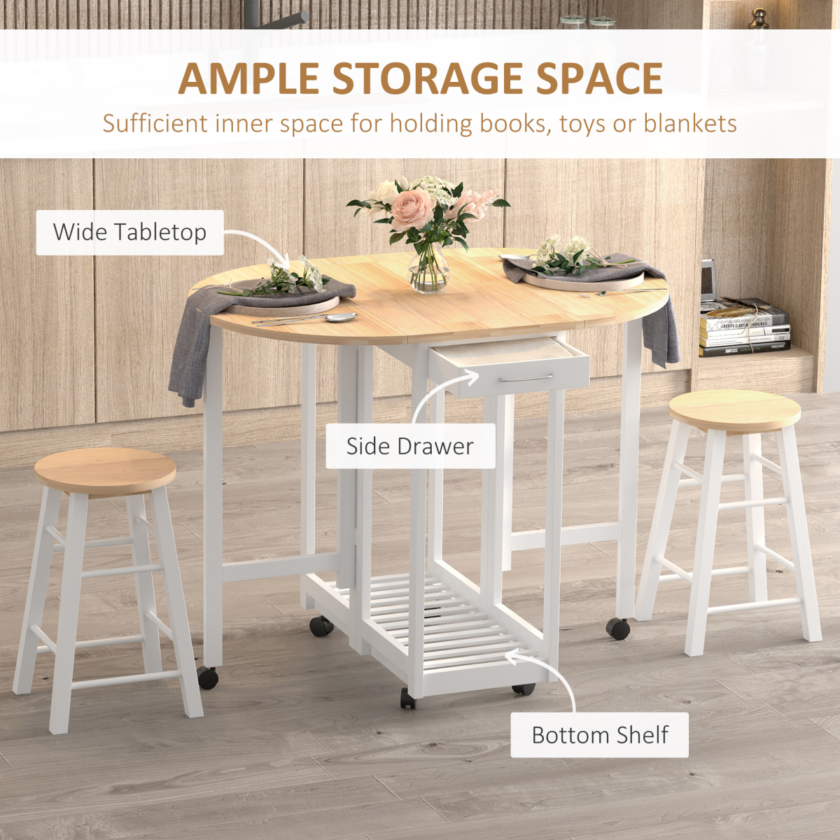 3-Piece Folding Dining Set with Rolling Cart and Stools