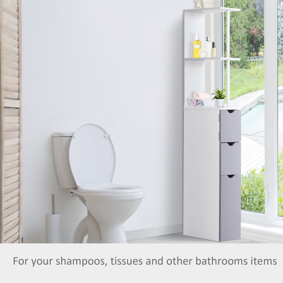 Tall Slim Bathroom Storage Cabinet with Shelves and Drawers, White