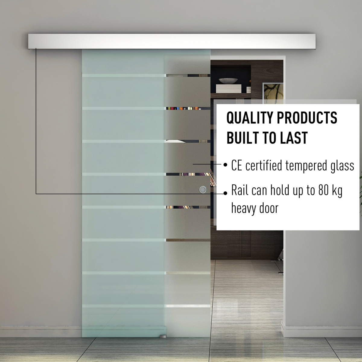 HOMCOM CE Certified Tempered Glass Sliding Barn Door Kit with Aluminum Alloy Rail, Frosted Stripe Design