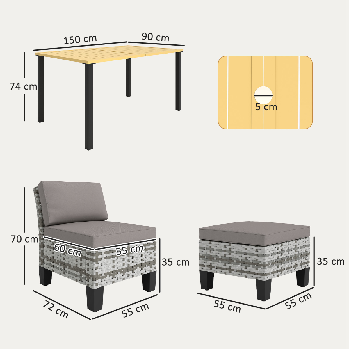 Outsunny 7-Piece Grey Rattan Garden Dining Set, Cushions Included