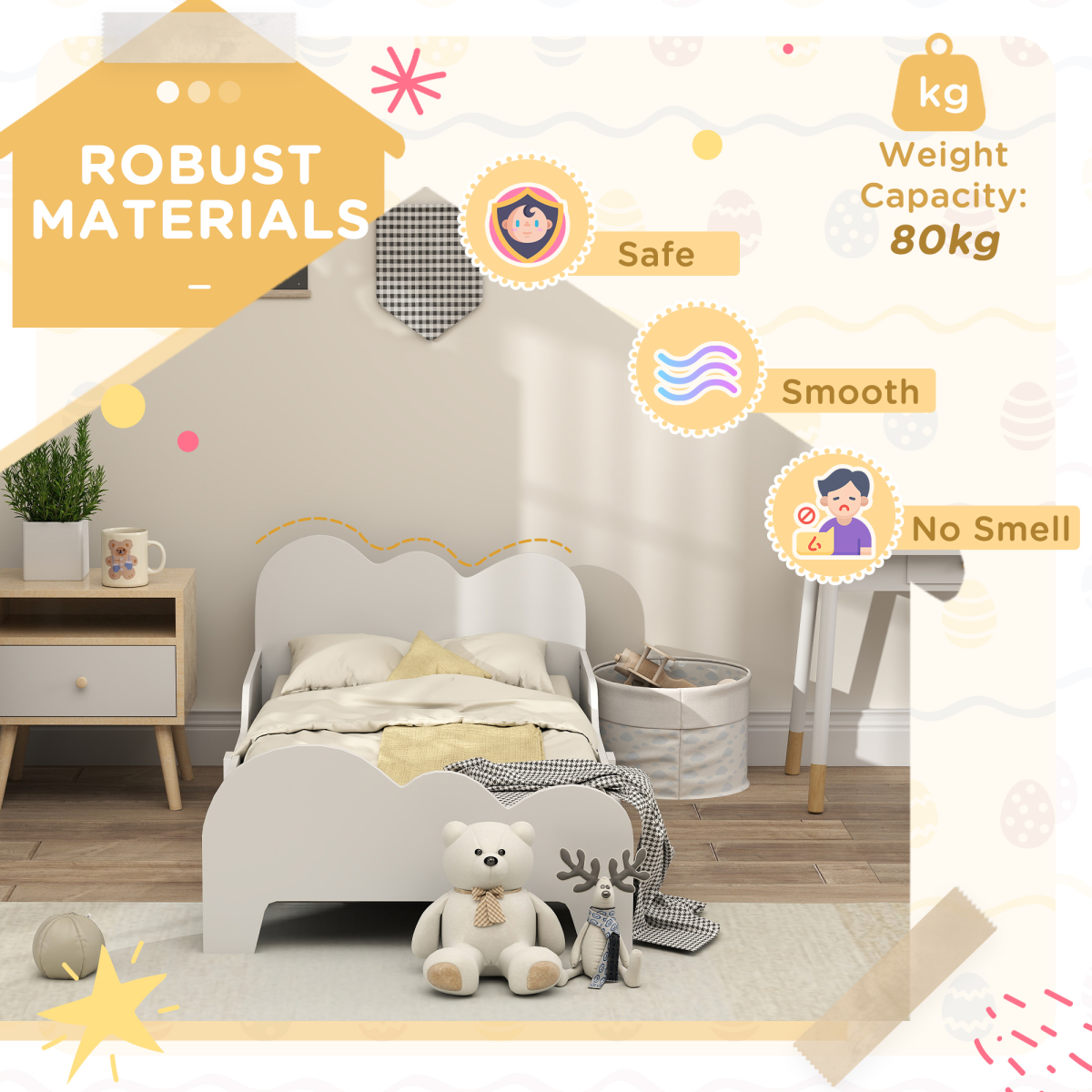 AIYAPLAY Cloud Toddler Bed with Safety Rails, White