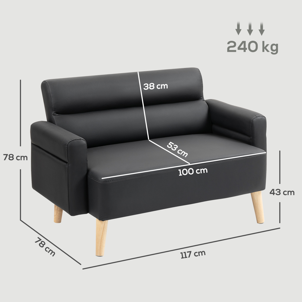 HOMCOM 2 Seater Faux Leather Sofa with Rubber Wood Legs, Black