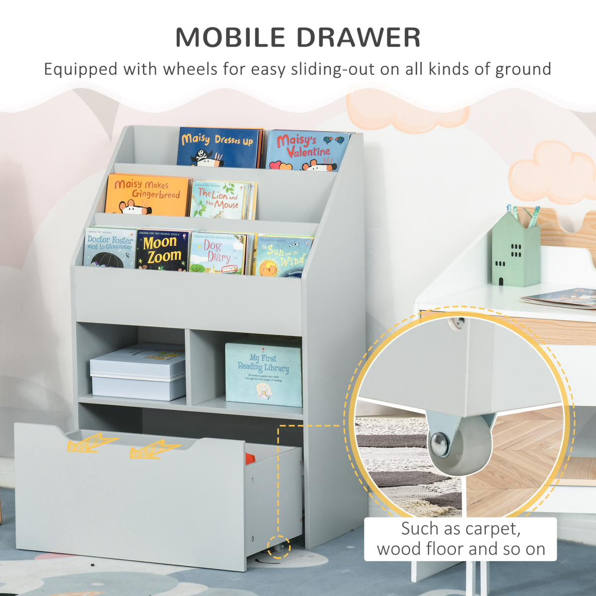 HOMCOM Kids Bookshelf with Toy Storage Drawer and Wheels, Grey