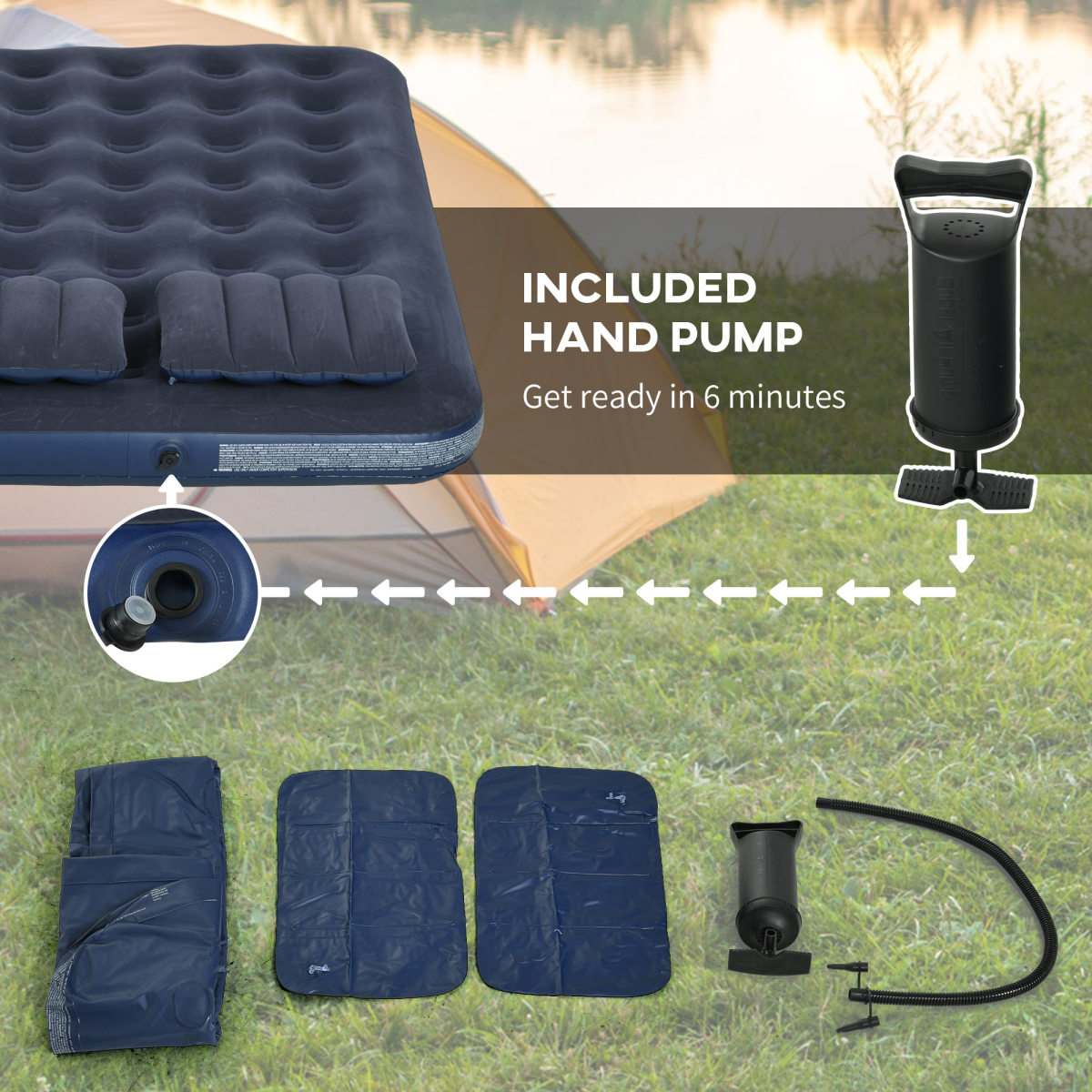 Outsunny Queen Inflatable Mattress with Hand Pump and Pillows