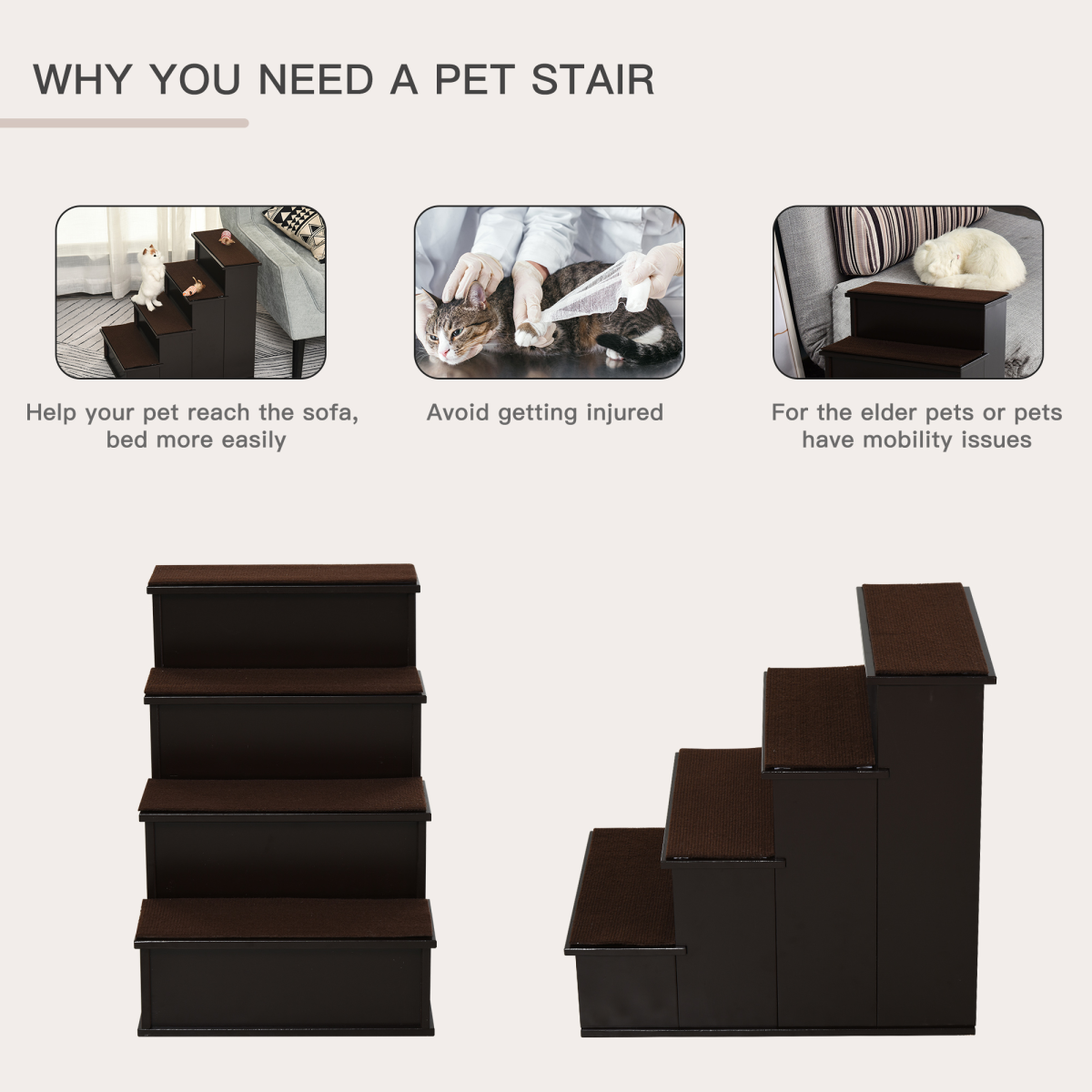 PawHut 4-Step Wooden Dog Stairs with Plush Cushion for Bed