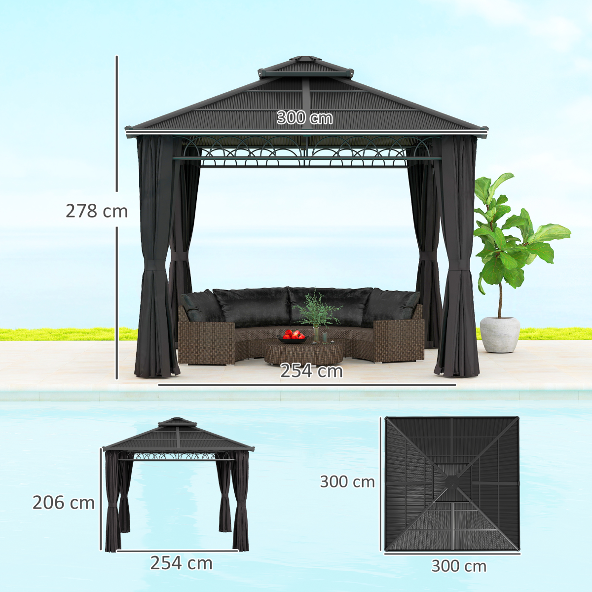Outsunny 3 x 3 m Double Roof Hardtop Gazebo with Netting, Dark Grey
