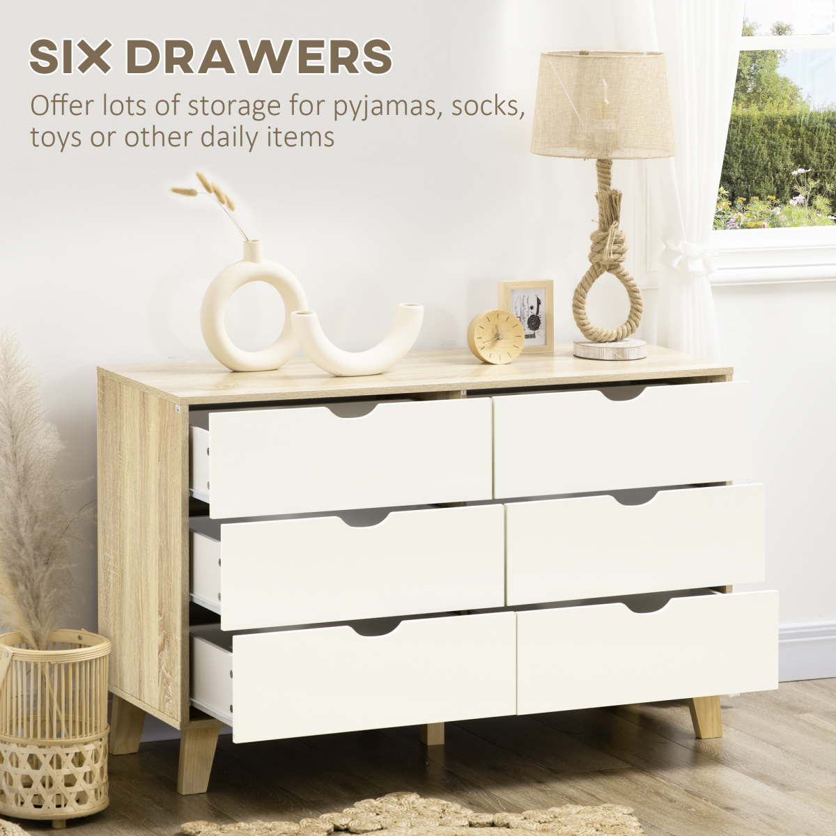 6-Drawer White and Brown Chest of Drawers for Bedroom Storage