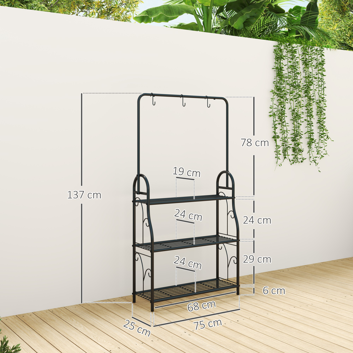 Outsunny 3-Tier Black Metal Plant Stand with Hanging Hooks