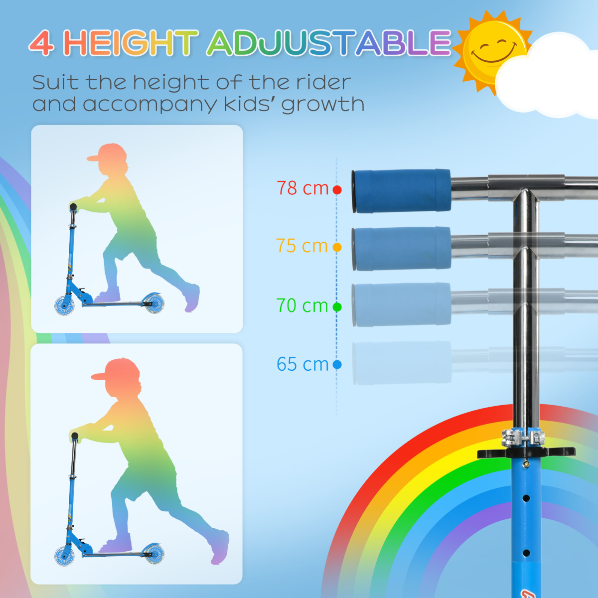 HOMCOM Kids Scooter, Ages 3-7, Lights, Music & Adjustable Height, Blue
