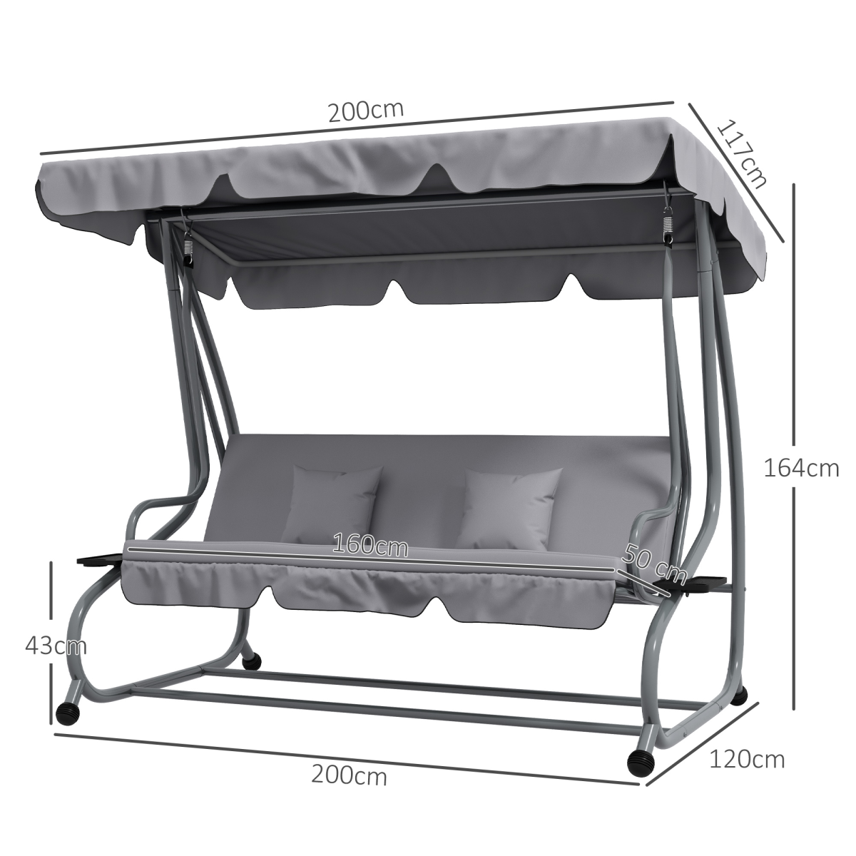 Outsunny 2-in-1 3-Seater Garden Swing Chair with Adjustable Canopy, Grey
