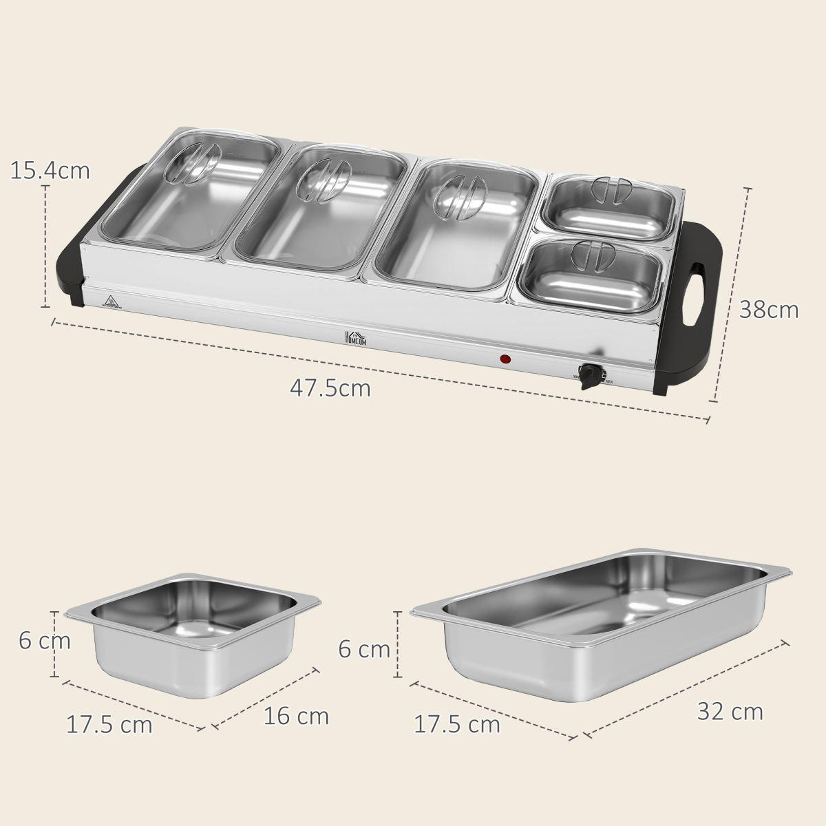 HOMCOM 5-Tray Electric Food Warmer, 9.2L Buffet Server, Silver
