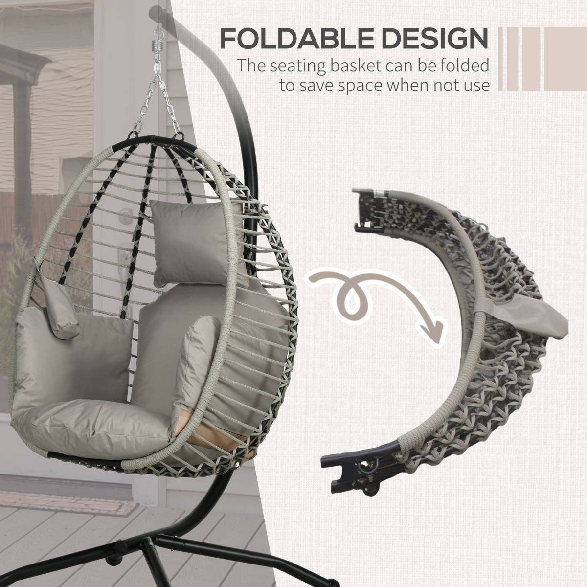 Outsunny Grey Hanging Swing Chair with Thick Cushion and Cup Holders