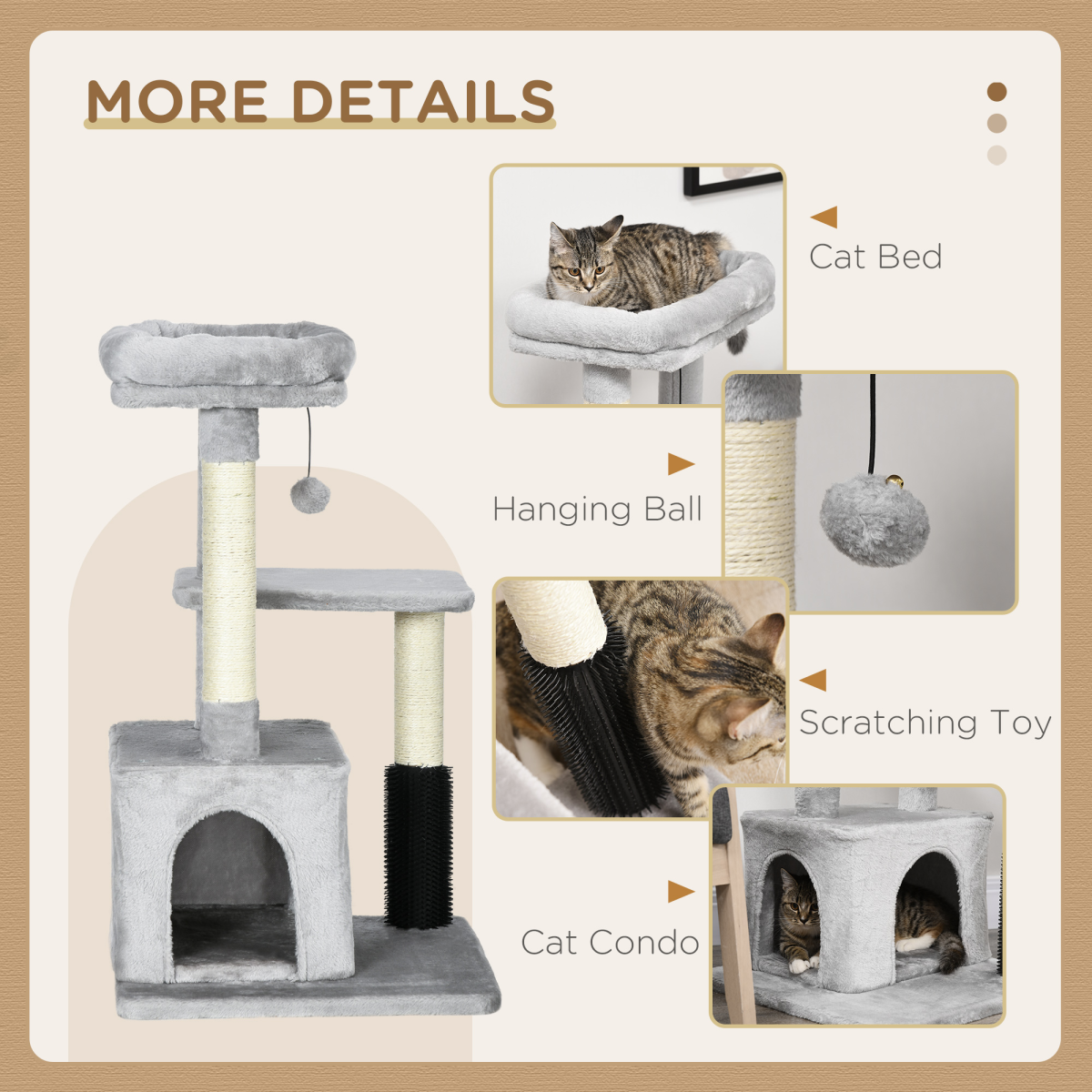 PawHut Cat Tree Climbing Activity Center with Sisal Scratching Surface, Multi-Level Design, Soft-Padded Bed, Hanging Toy, Washable Top Bed