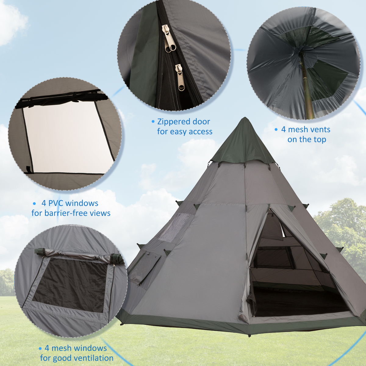 Outsunny Large 6-Person Tipi Camping Tent with Mesh Windows