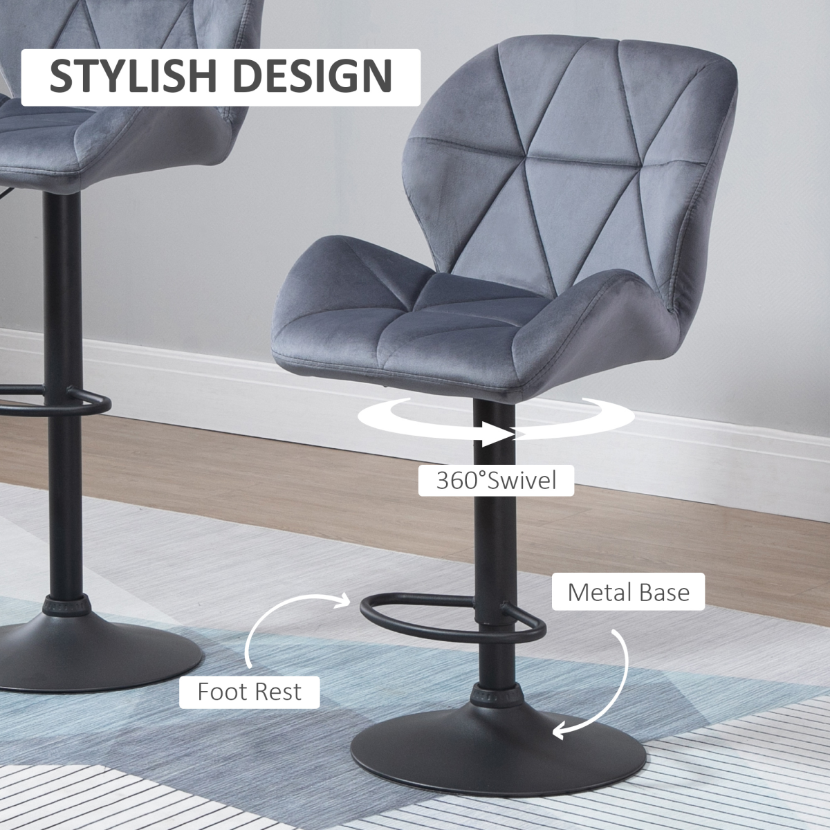 HOMCOM Set of 2 Adjustable Height Fabric Bar Stools Dark Grey
