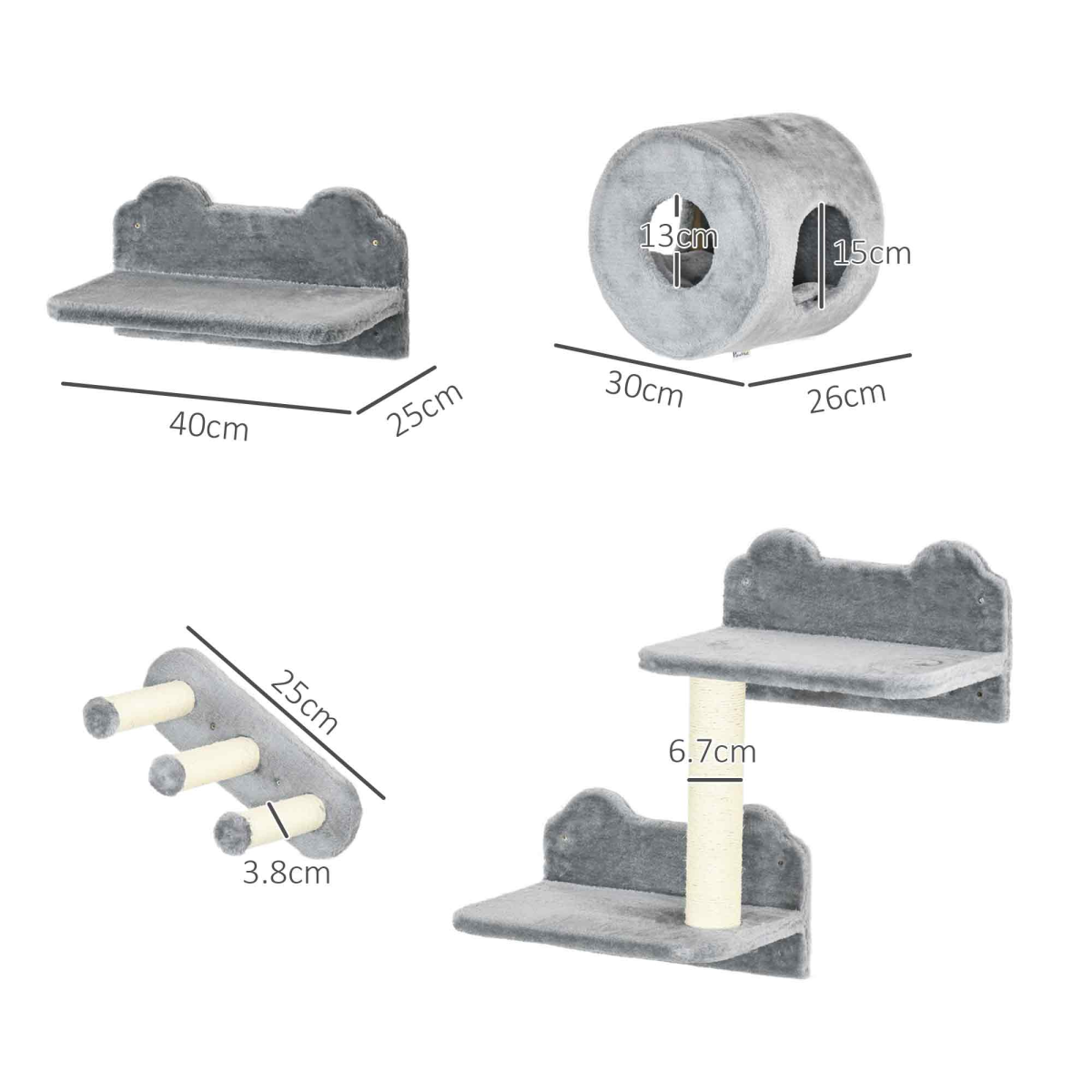 PawHut Wall-Mounted Cat Furniture with Platforms, Steps & House - Grey