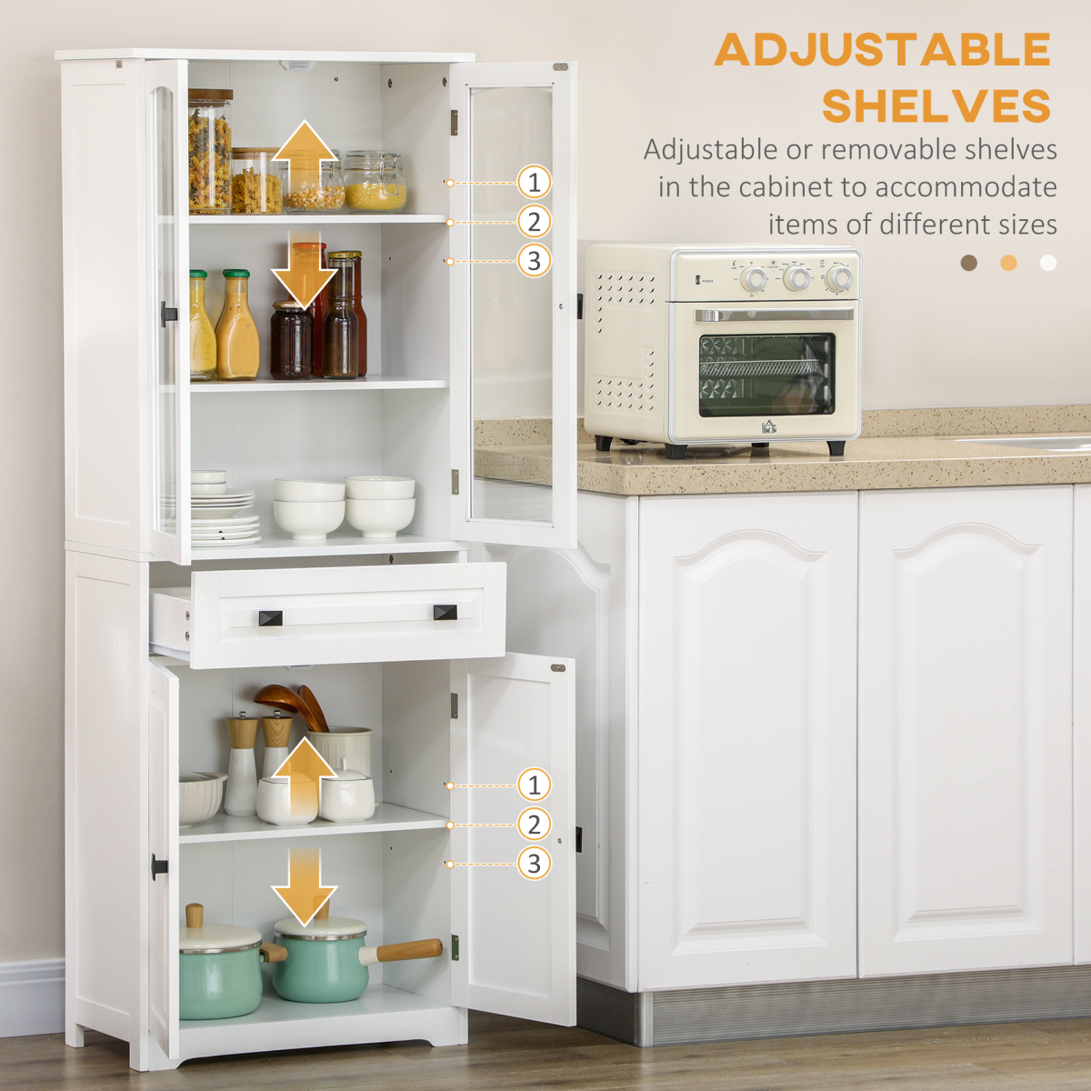HOMCOM Kitchen Storage Cabinet with Adjustable Shelves, Glass Door, 160cm