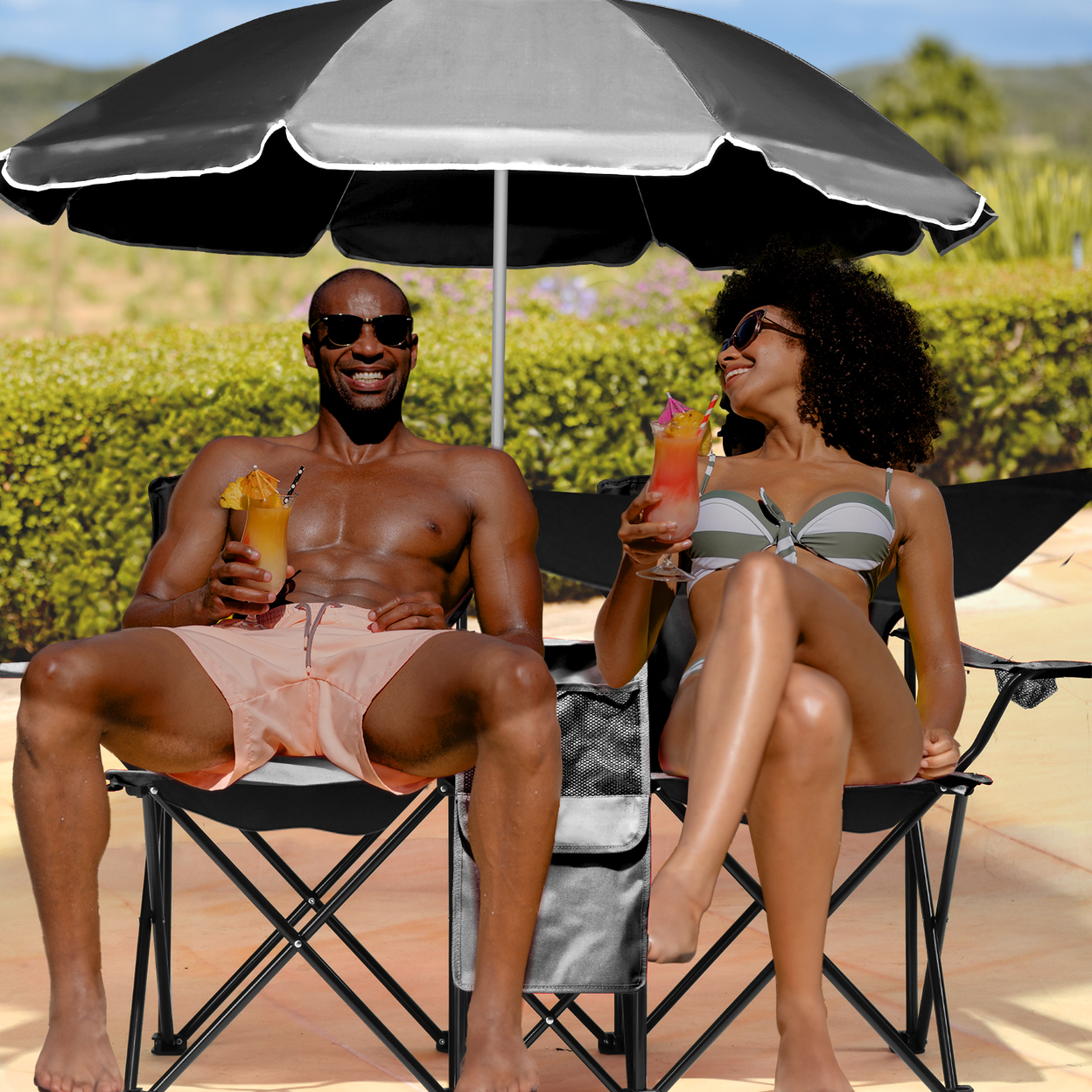 Portable Outdoor 2-Seat Folding Chair with Removable Sun Umbrella, Black
