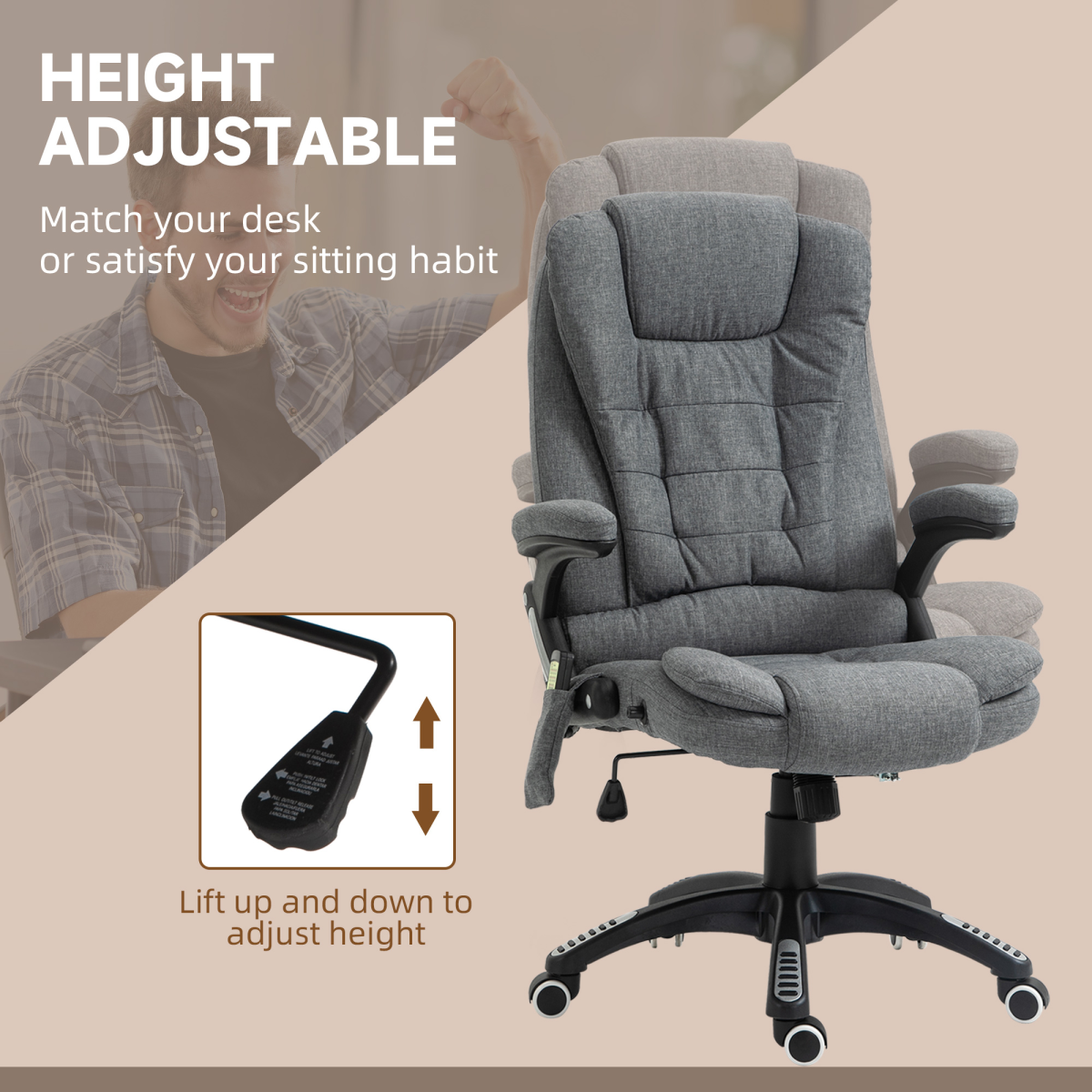 Executive Reclining Office Chair with Heating Massage, Grey