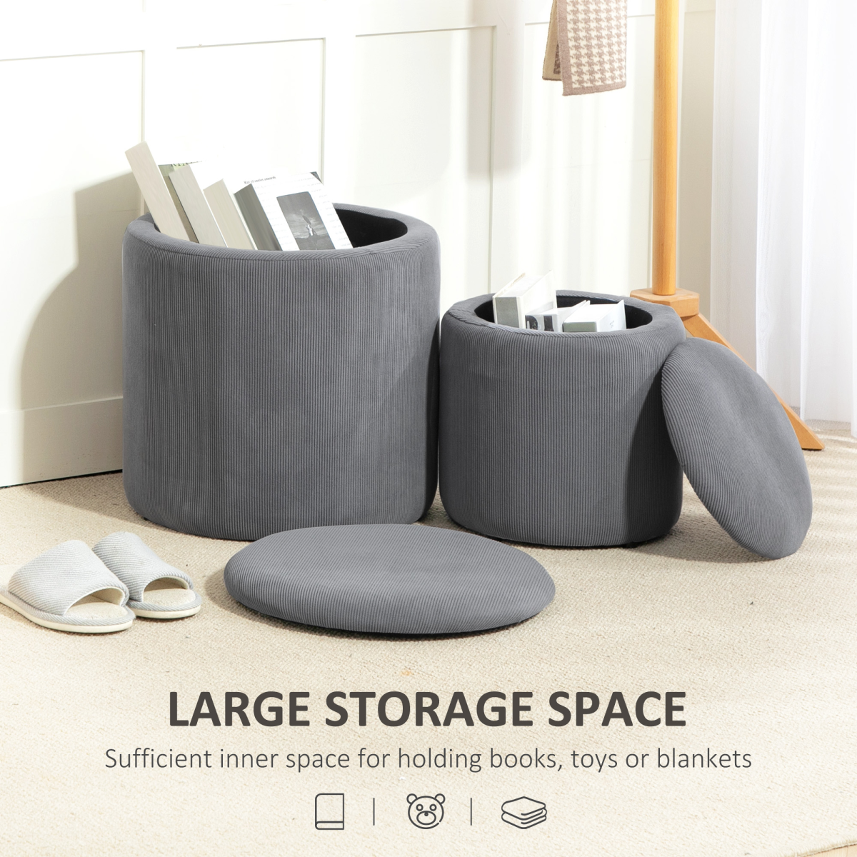 HOMCOM Set of 2 Fabric Storage Ottomans with Lids, Light Grey
