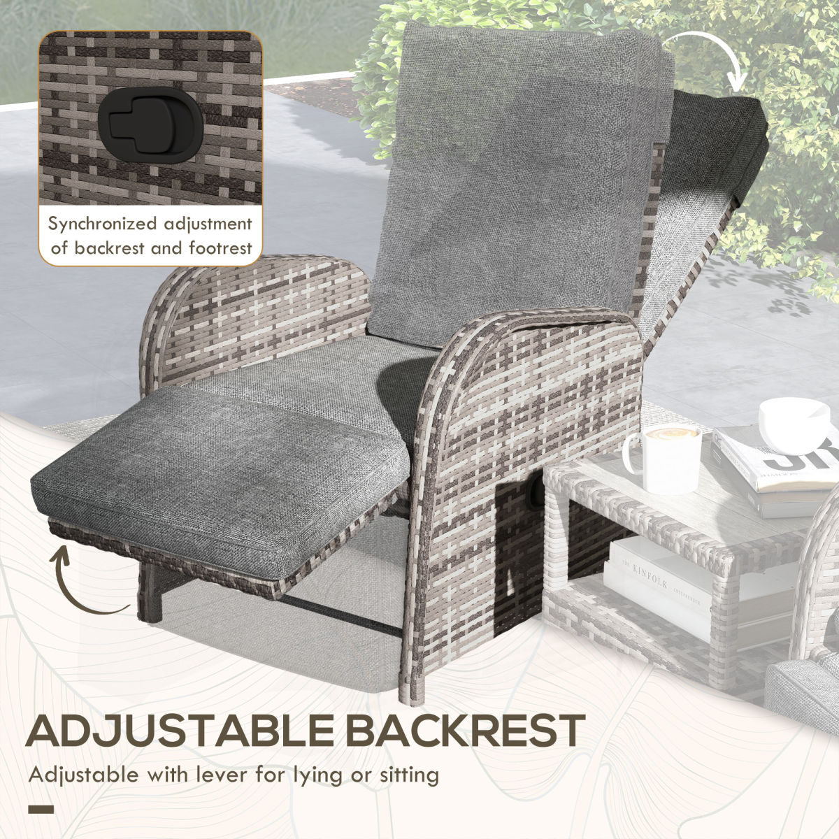 Outsunny 3-Piece Rattan Reclining Lounge Set with Cushions and Table for Patio, Yard, Porch