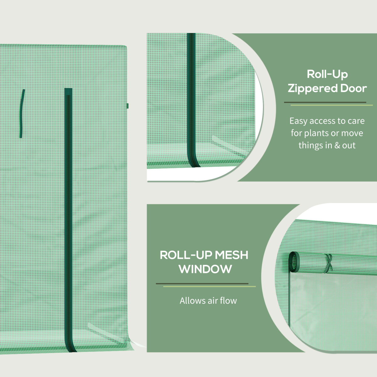Outsunny Garden Greenhouse with Windows and Roll-Up Zip Panel, 198L x 77W x 149-168H cm