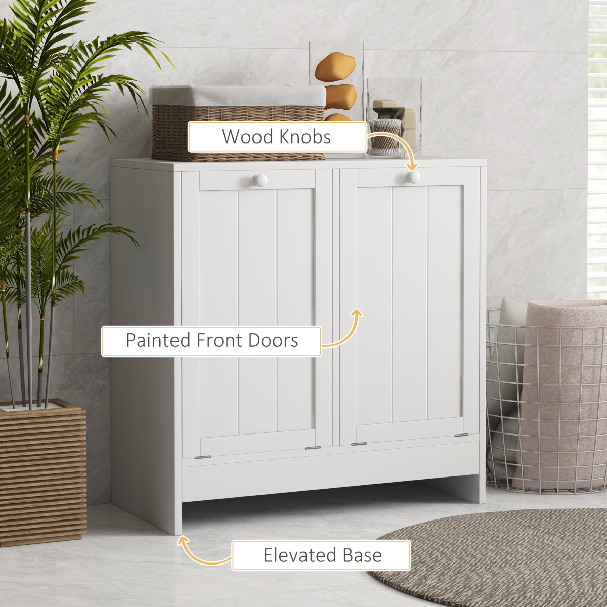 kleankin White Tilt-Out Laundry Cabinet with 2 Hamper Compartments