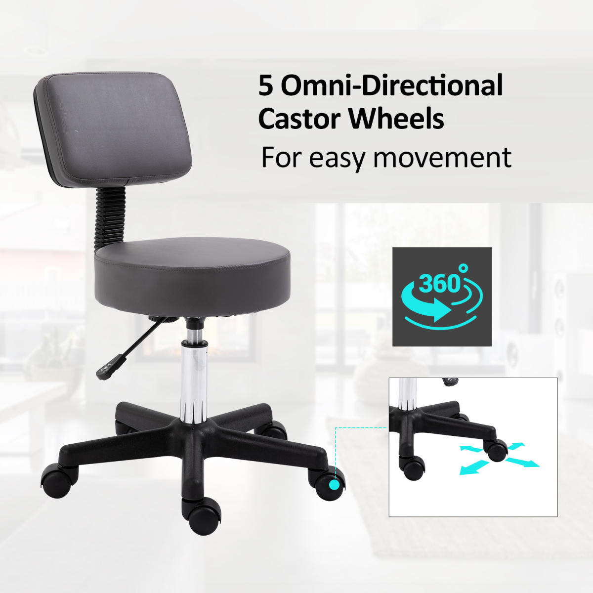 HOMCOM Adjustable Height Saddle Stool with Seat and Back Pad, 360° Swivel Castor Wheels