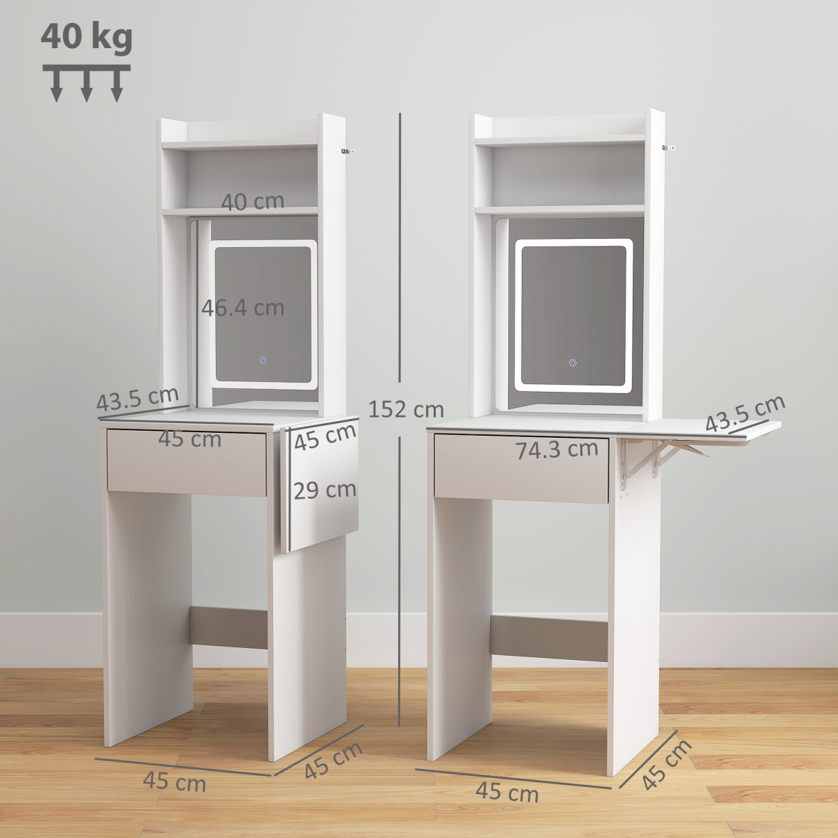 HOMCOM Compact Dressing Table with LED Mirror, Shelves and Drawer, White
