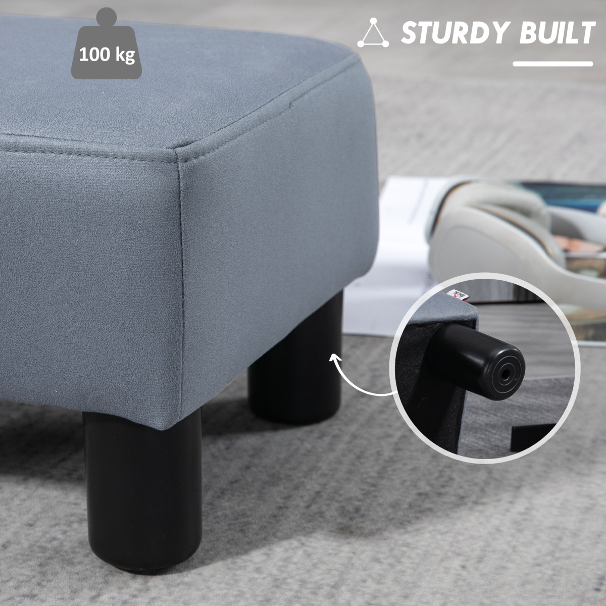Grey PU Leather Ottoman Footstool for Home and Office, 40 x 30 x 24 cm