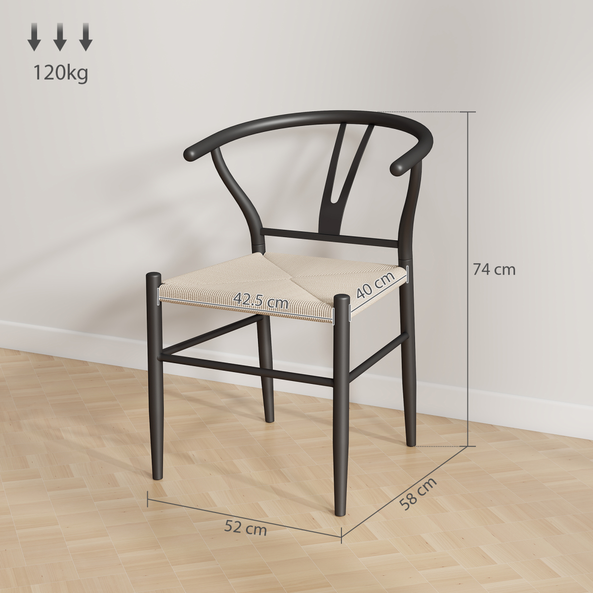 HOMCOM Set of 2 Dining Chairs, Hand-Woven Rope Seat, Black